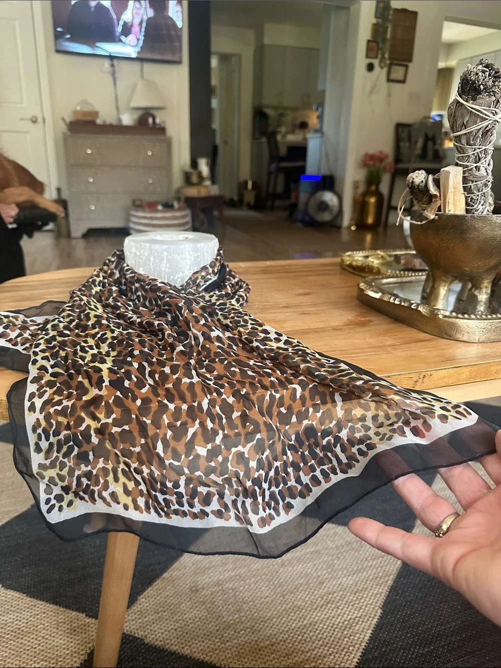 Leopard print vintage scarf 40” long brown black yellow white